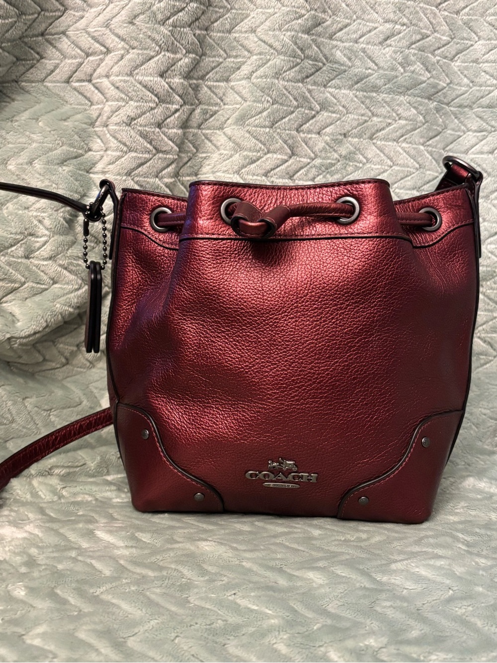 Coach Baby Mickie Drawstring Crossbody in Metallic Garnet Cherry Red